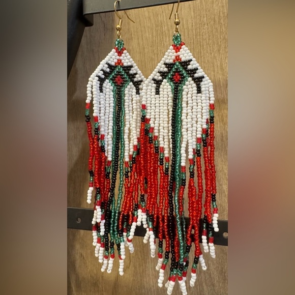 Beaded Dangle Earrings - Red, Green, Black, White - Picture 3 of 3